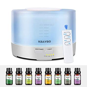 KBAYBO 500ml Aromatherapy Essential Oil Diffuser Aroma Humidifier with 8 Essential Oil Pack 3 Timer Settings, 8-Color LED Waterless Auto Shut-Off BPA-Free