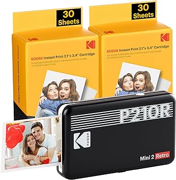 KODAK Mini 2 Retro 4PASS Portable Photo Printer (2.1x3.4 inches)   68 Sheets Bundle, Black