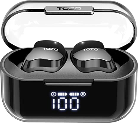 TOZO Crystal Buds Bluetooth 5.3 True Wireless Stereo Earphones Ipx7 Waterproof in Ear Headset Call Noise Reduction Headphones with Digital Display and Transparent Case Long Standby Earbuds Black