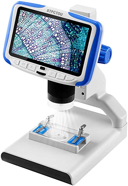 STPCTOU LCD Digital Microscope Kids USB Coin Microscopes 5 Inch FHD Screen 200X Magnification Zoom Camera 1920x1080 Video Recorder for Adults Children Lab Edu with Base Light Sample Slides