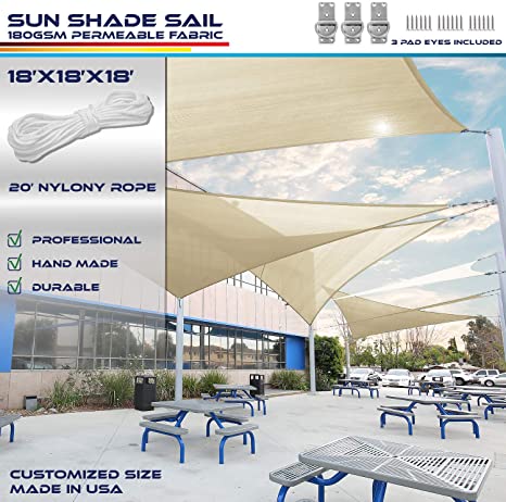 Windscreen4less 18' x 18' x 18' Sun Shade Sail Canopy in Beige with Commercial Grade (3 Year Warranty) Customized Size Included Free Pad Eyes