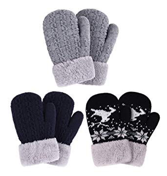 Arctic Paw 3 Pairs Kids' Sherpa Lined Knit Mittens Boys Girls Winter Gloves