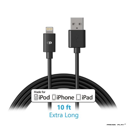 Apple MFI Certified  10 Foot  3 Meter Lightning to USB Cable Extra Long Toughest and Most Durable 8pin 10 Feet Charging Cord Ever Made for iPhone iPad and iPod 2 Year Warranty PRESS PLAY - Black