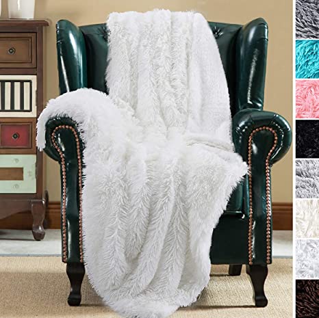 JOYFEEL Shag with Sherpa Reversible Warm Throw Blanket, Ultra Soft, Cozy Plush Luxury Fuzzy Longfur Blanket, Hypoallergenic and Washable Couch Bed Fluffy Furry Throws Photo Props, 50x60-Pure White