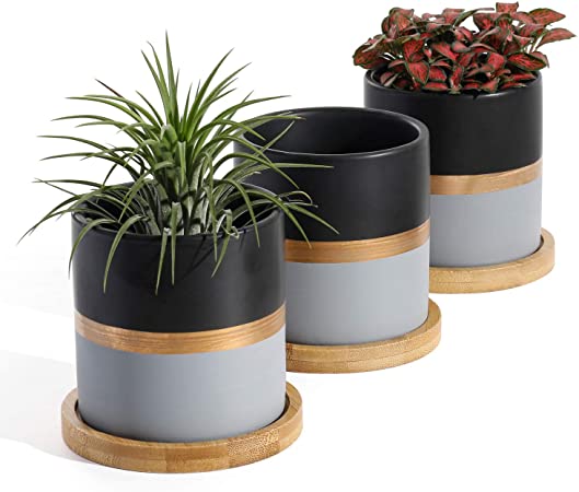 POTEY 055401 Succulent Planter Pots - 3.1 Inches Ceramic Small Planters with Bamboo Saucer for Plants Succulent Cactus House Office Decor(Black Grey, 3 PCS, Plant NOT Included)