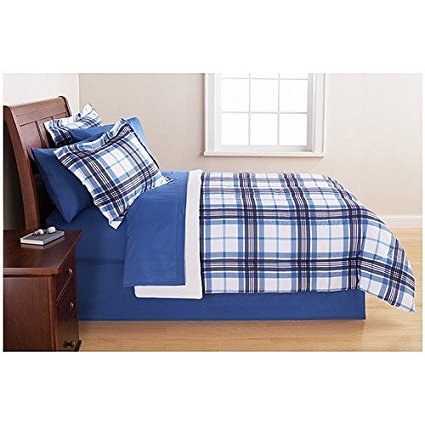 Bedding Set Complete 6pc Boy Blue Plaid College Dorm Reversible Twin/Twin Comforter and Bedding Set