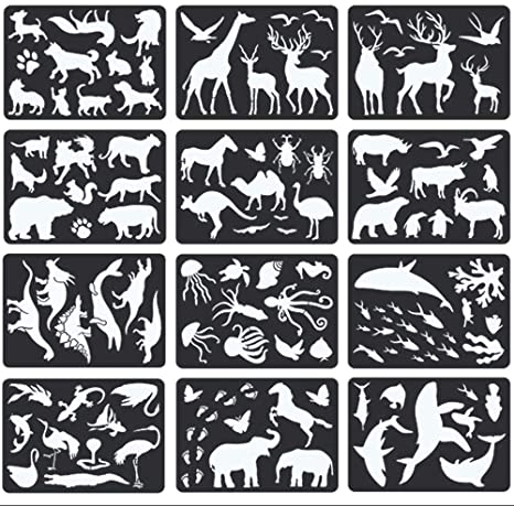12PCS Animal Plastic Stencils Reusable Journaling Drawing Template for Children Creation, Painting Education, School Projects, Scrapbooking, Kids DIY Crafts