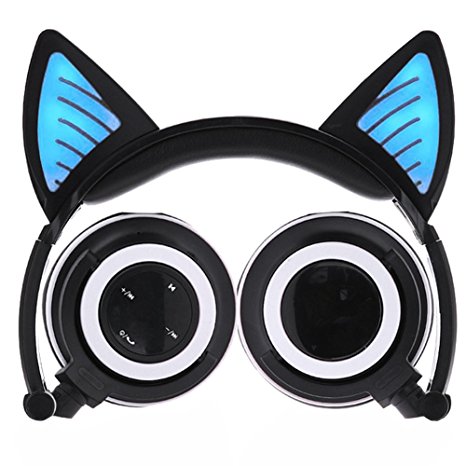 Cat Ear Bluetooth Kids Headphones,iGeeKid LED Foldable Wireless/Wired Over-ear HD Headset with Microphone,Volume Limiter for Children/Teens/Adults,Compatible with Smartphones PC Tablet (Black)