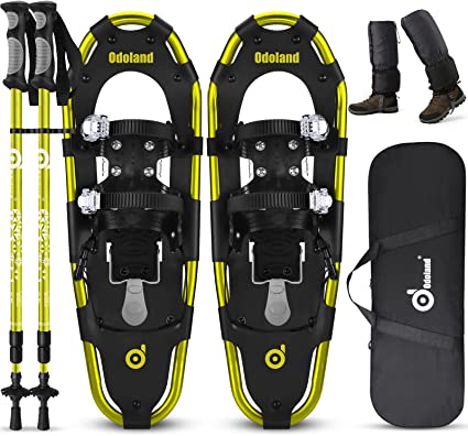 Odoland 4-in-1 Lightweight Snow Shoes Set for Men and Women, Easy to Use Snowshoes with Trekking Poles, Waterproof Snow Leg Gaiters and Carrying Tote Bag, Size 21''/25''/30''