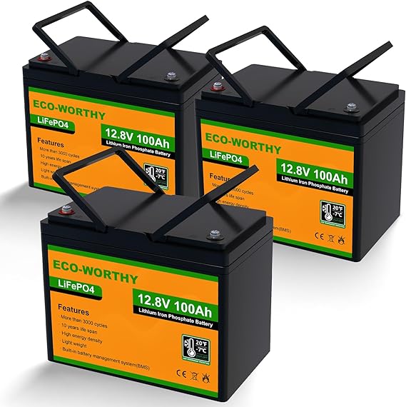 ECO-WORTHY 12V 300AH (3Pack 100AH) LiFePO4 Lithium Battery with Low Temperature Protection, Built-in 100A BMS, Up to 15000 Cycles, For RV, Trailer, Trolling Motor, Camping, Solar Off-Grid System