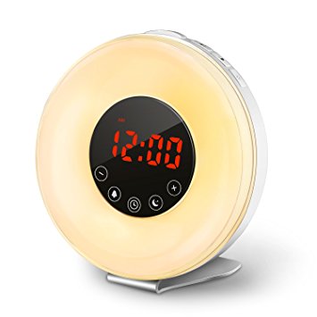 Wake Up Light COULAX Sunrise and Simulation Alarm Clock, 6 Alarm Sounds, Smart Snooze Function, FM Radio with 7 Colors LED Night Light for Bedside, Adults and Kids (LT002)