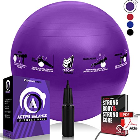 Active Balance Fitness Ball - Exercise & Stability Balls With Imprinted Exercises & Training eBook - Best Core Trainer For Pilates, Exercising & To Tone Abs