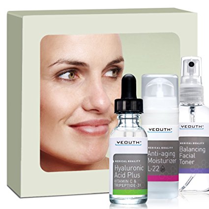 Best Anti-Aging 3 Pack Skin Care System by YEOUTH, Professional Grade Hyaluronic Acid Plus, Patented L22 Facial Moisturizer, and Balancing Facial Toner - You will love it or your money back!