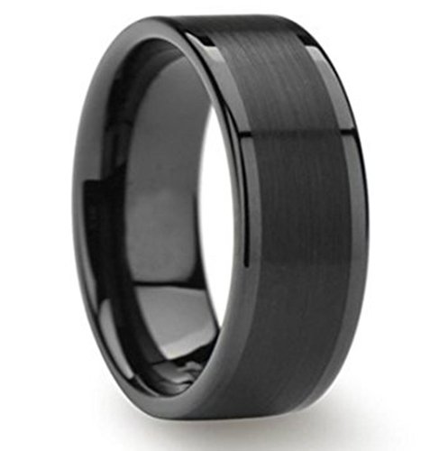 King Will 8mm Men's Black Tungsten Carbide Flat Brushed Pipe Cut Engagement Wedding Band