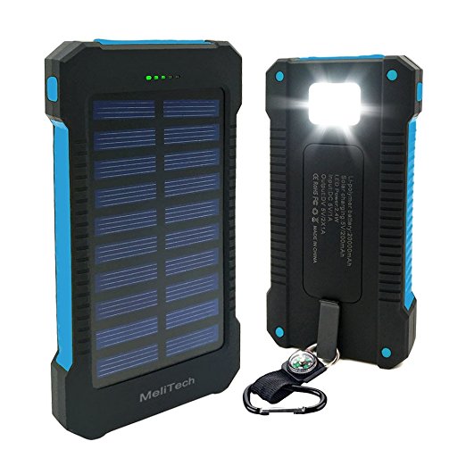 MeliTech Portable Solar Charger Waterproof Mobile Power Bank 20000mAh External Backup Battery Dual USB 5V 1A/2A Output With LED Flashlight and Compass For Phones Tablet Camera iPhone Samsung - Blue