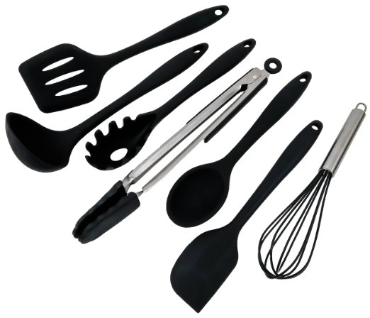 SimplexSilicone Classic 7-Piece Premium Non-Stick Silicone Kitchen Utensil Set, Heat Resistant Cooking Utensils with Hygienic Solid Coating - Includes: Spoon, Spatula, Pasta Fork, Turner, Ladle, Tongs, and Whisk, Set of 7 (Classic Black)