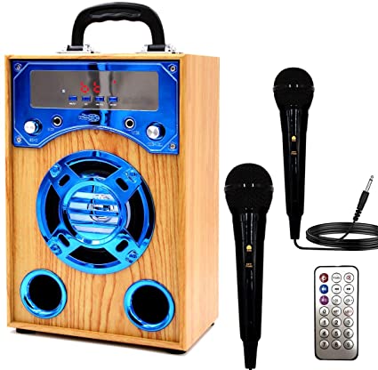 Kidsonor Bluetooth Karaoke Speaker with 2 Microphones, Wooden Remote Control Wireless Speaker Portable Karaoke Machine Music MP3 Player for Teenager Adult Home Outdoor Party Gift (Blue)