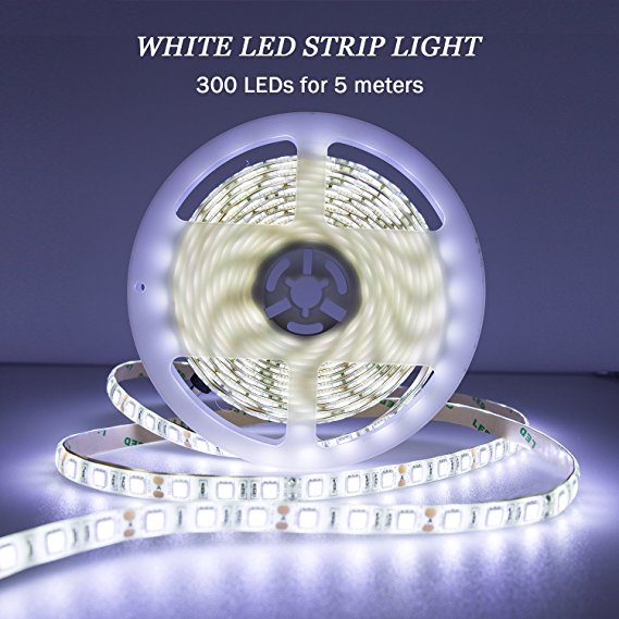 Quntis Led Strip Light, 12V Cool White Waterproof Led Rope Lights, 16.4FT SMD 5050 300 LEDs Flexible Tape Lights with Power Supply for Home Kitchen Lighting