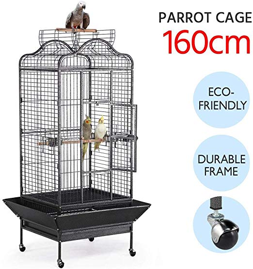 Yaheetech Extra Large Rolling Metal Bird Cage Parrot Cage for African Grey Parakeets Cockatiels with Stand Playtop Black 160cm High