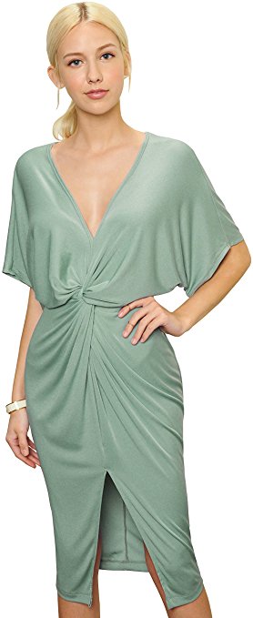 Trend Director Women's Draped Knotted Front Slit V Neck Stretchy Midi Dress in Mint & Mauve Colors