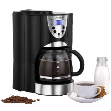 VonShef 1000W Programmable Digital Filter Coffee Maker with Integrated Grinder and Reusable Filter - 10 to 12 Cup - Free 2 Year Warranty