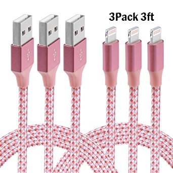iPhone Cable,XUZOU Lightning Cable 3Pcks 3FT USB Charger Syncing and Charging Cable Data Nylon Braided Cord for iPhone 7/7 Plus/6/6 Plus/6s/6s Plus/5/5s/5c/SE and More(Pink&White)