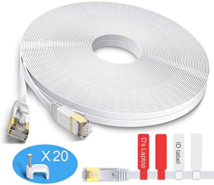 TBMax Cat7 Ethernet Cable 100ft with RJ45 Connectors, Cable Clips & Labels - 100 Feet Long Flat Network LAN Cable for Computer/Router -White