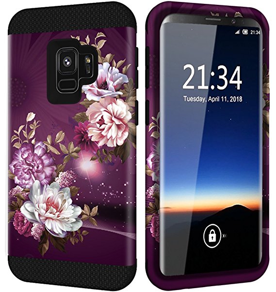 Galaxy S9 Case w/Unique Flower Pattern Design, Hocase Sturdy 3-Piece Heavy Duty Shockproof Protection Hard Armor Cover Rubbery Protective Case for Samsung Galaxy S9 2018 - Royal Purple