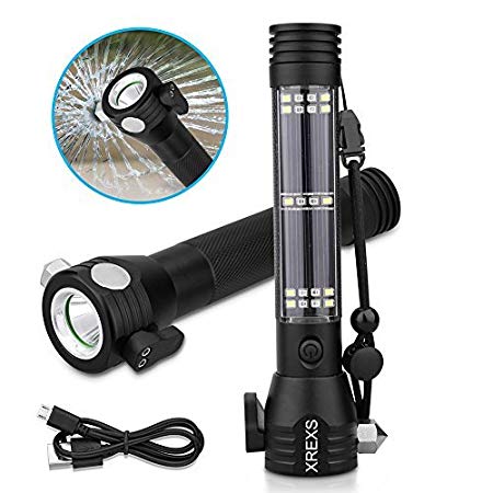 XREXS Solar Powered LED Car Flashlight Multi-Function Solar Escape Rescue Flashlight with 2000mAh Battery, USB Charger and Solar Charger, Portable Flashlight for Hiking, Camping, Traveling