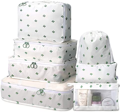 Packing Cubes 7 Pcs Travel Luggage Packing Organizers Set with Toiletry Bag (White cactus)