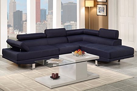 Poundex Navy Blue Linen Fabric Modern Sectional Sofa