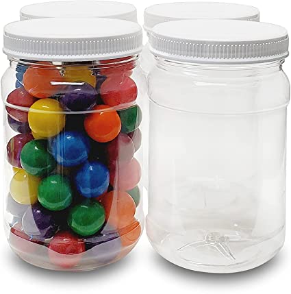 ljdeals 32 oz Clear Plastic Jars with Lids Wide Mouth Mason Jars with Ribbed Heat Induction Liner Caps PET Storage Containers, Pack of 4, BPA Free, made in USA
