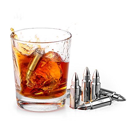 Ice cube Uten Premium Reusable Whiskey Bullet Shaped Healthy Chillers Stones Stainless Steel Gift Set 6 Stones Rocks Gift Box with Storage Bag and Tong [6 Pack]