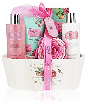 Mothers Day Gift Idea Spa Gift Basket English Rose By Lovestee-Bath and Body Gift Basket, Gift Box, Includes Shower Gel, Sensual Body, Lotion, Hand Lotion, Bath Salt, Bath-Body Sponge and EVA Sponge