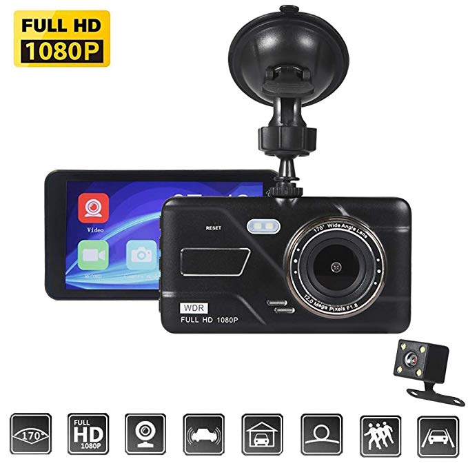 BAIYUNTECH Car Dash Cam,4 INCH IPS Touch Screen Portable Car DVR,1080P HD 170 Degree Dual Lens Video Recorder Reversing Camera Dashcam