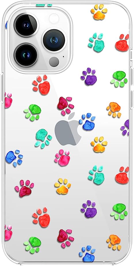 Blingy's iPhone 14 Pro Case, Fun Dog Paw Print Pattern Cute Cartoon Dog Paw Design Transparent Soft TPU Protective Clear Case Compatible for iPhone 14 Pro 6.1 inch (Colorful Paws)