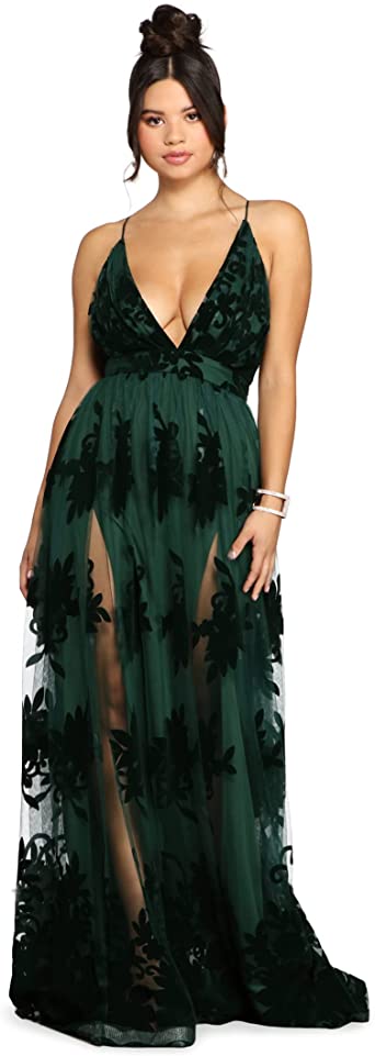 Windsor Long Formal Tulle Dress, V-Neck Floral Flocked-Velvet Long Formal Dress with High Front Lining Slits