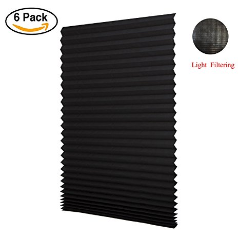 LUCKUP 6 Pack Cordless Light Filtering Pleated Fabric Shade,Easy To Cut and Install, with 12 Clips (36"x72" - 6 Pack, Black)