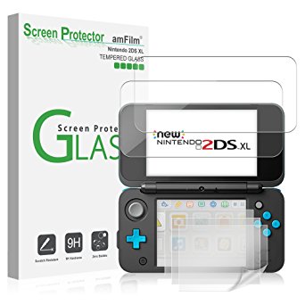 Nintendo 2DS XL Screen Protector Pack, amFilm [2 GLASS Top, 4 PET Bottom] Screen Protectors for New Nintendo 2DS XL 2017 (6 Protectors in Package)