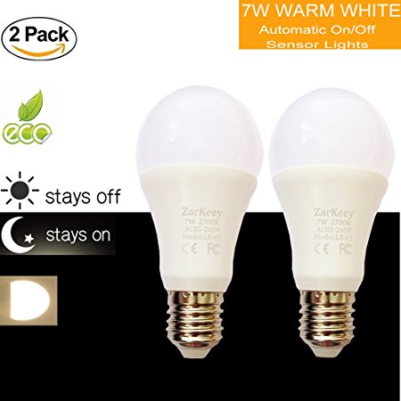 Dusk to Dawn Light Bulb Sensor Lights Bulbs LED Light Smart Porch Light Socket Sensor 7W A19 E26 E27(Auto on/off)Indoor / Outdoor Yard Porch Patio Garage Garden (Warm White, 2 pack)