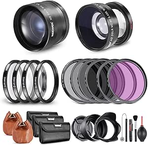 NEEWER 58mm Ensemble Objectif et Filtre:Objectif Additionnel Grand Angle/Téléobjectif 2,2X pour Objectif 18-85mm APS-C, ( 1 2 4 10) Filtres Macro/ND/UV/CPL/FLD pour Objectif Caméra avec Filetage 58mm