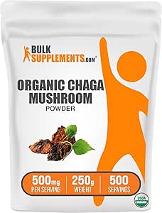 BulkSupplements.com Organic Chaga Mushroom Powder - Chaga Mushroom Organic, Chaga Mushrooms Powder - Mushroom Supplement, Vegan & Gluten Free, 500mg per Serving, 250g (8.8 oz) (Pack of 1)