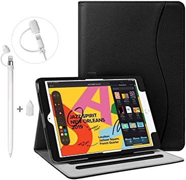 Fintie Bundle: Multi-Angle (Black) Case Cover for iPad 7th Generation 10.2"   3 Pieces (White) Apple Pencil Cap Holder, Nib Cover, Charging Cable Adapter Tether for Apple Pencil 1st Generation