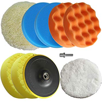 Polishing Pad Buffing Wheel Kit 10PCS with Waffle Foam & Lambs Wool Hook and 6inch Polishing Buffer Wool with M14 Drill Adapter Fit for Metal Aluminum Stainless Steel Chrome Wood Plastic Glass etc