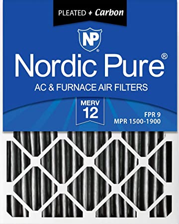 Nordic Pure 20x25x4 (3-5/8 Actual Depth) Pleated MERV 12 Plus Carbon AC Furnace Air Filters, Box of 2