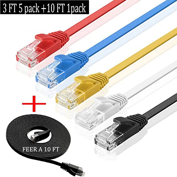 Cat 6 Ethernet Cable(Mixed Color 5 Pack) Cat6 Internet Network Cable Flat,Ethernet Patch Cables Short,Computer LAN Cable with Snagless RJ45 Connectors (3 Ft- 5 Pack)