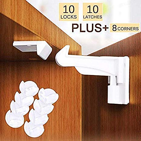 Cunina 10 Pack Child Safety Cupboard Locks   8 Pcs Desk Corner Protectors, Upgrade Invisible 3M Adhesive Cabinet Catches, Wide Grip Drawer Latches for Kids, No Drilling or Tools Needed