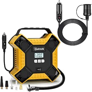 AstroAI Digital Tire Inflator for Car w/Auto Pump/Shut Off Feature Yellow with Cigarette Lighter Extension Cord, 12Ft/12V/120W/15A Bundle