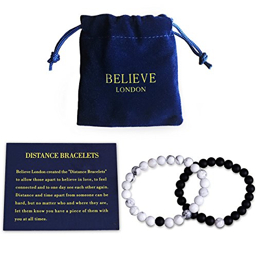 Believe London Distance Bracelets With Jewelry Bag & Meaning Card | Strong Elastic | Friendship Relationship Couples His Hers | Black Agate Onyx White Howlite Bracelet