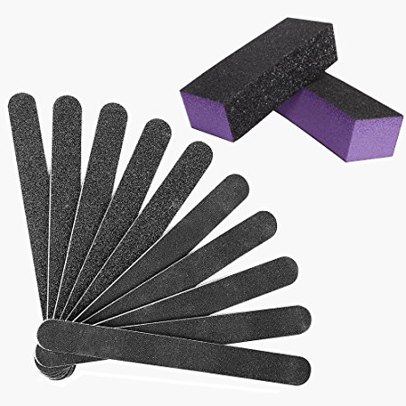 120/240 10 pack Nail File / Emery Board with 2 Piece Buffer Block Set - For Smooth and Shiny Nails - Home or Professional Manicure / Pedicure Kit